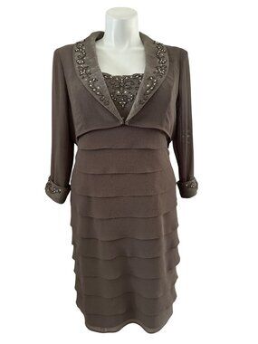S.L. Fashions NWT Women's Beaded Tiered Sheath Dress & Jacket Set, Stone Size 18